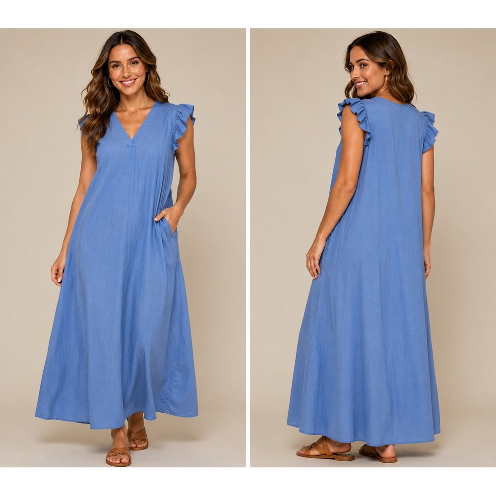 Unbranded Chambray Maxi Dress Women 3XL Blue‎ Ruffle Sleeve V-Neck Boho Relaxed